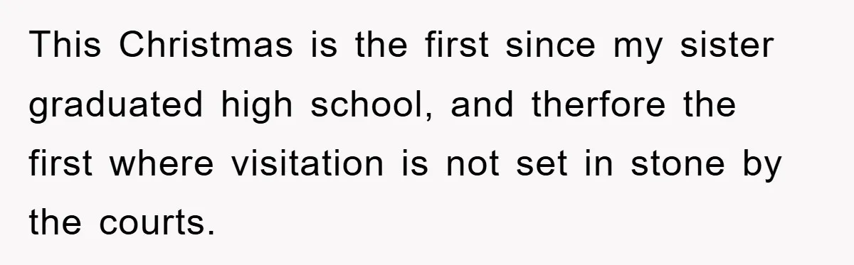 This Christmas is the first since my sister graduated high school, and therfore the first where visitation is not set in stone by the courts.