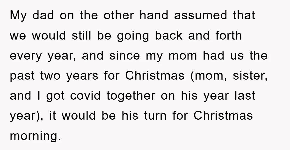 My dad on the other hand assumed that we would still be going back and forth every year, and since my mom had us the past two years for Christmas...