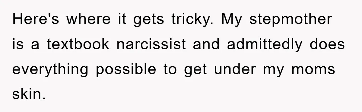 Here's where it gets tricky. My stepmother is a textbook narcissist and admittedly does everything possible to get under my moms skin.