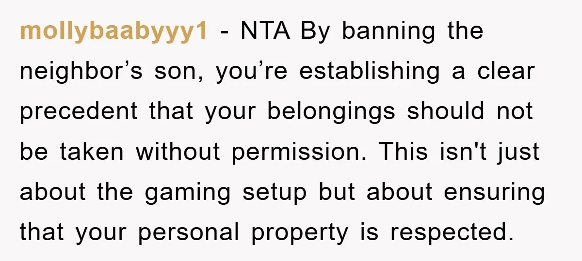 mollybaabyyy1 − NTA By banning the neighbor’s son, you’re establishing a clear precedent that your belongings should not be taken without permission. This isn't just about the gaming setup but...