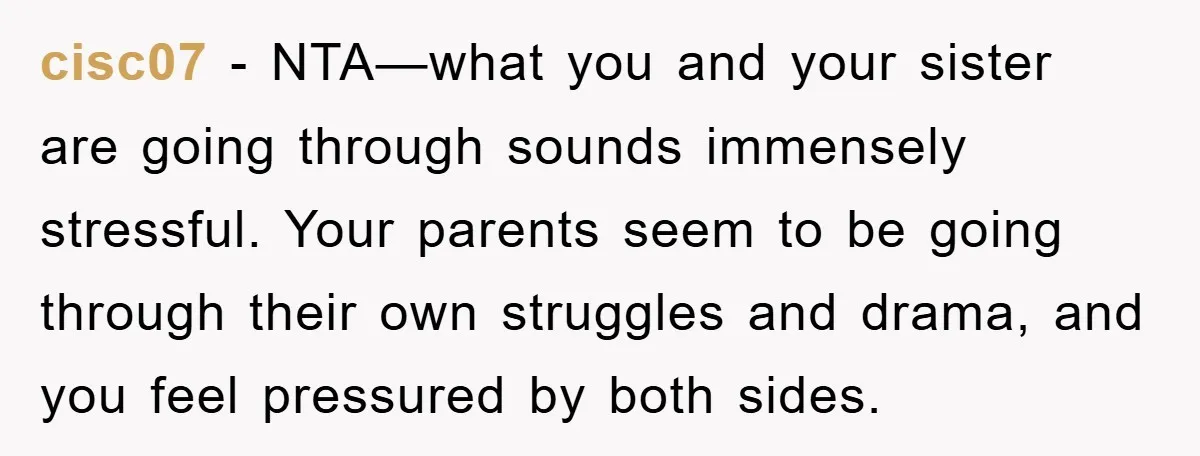 cisc07 − NTA—what you and your sister are going through sounds immensely stressful. Your parents seem to be going through their own struggles and drama, and you feel pressured by...