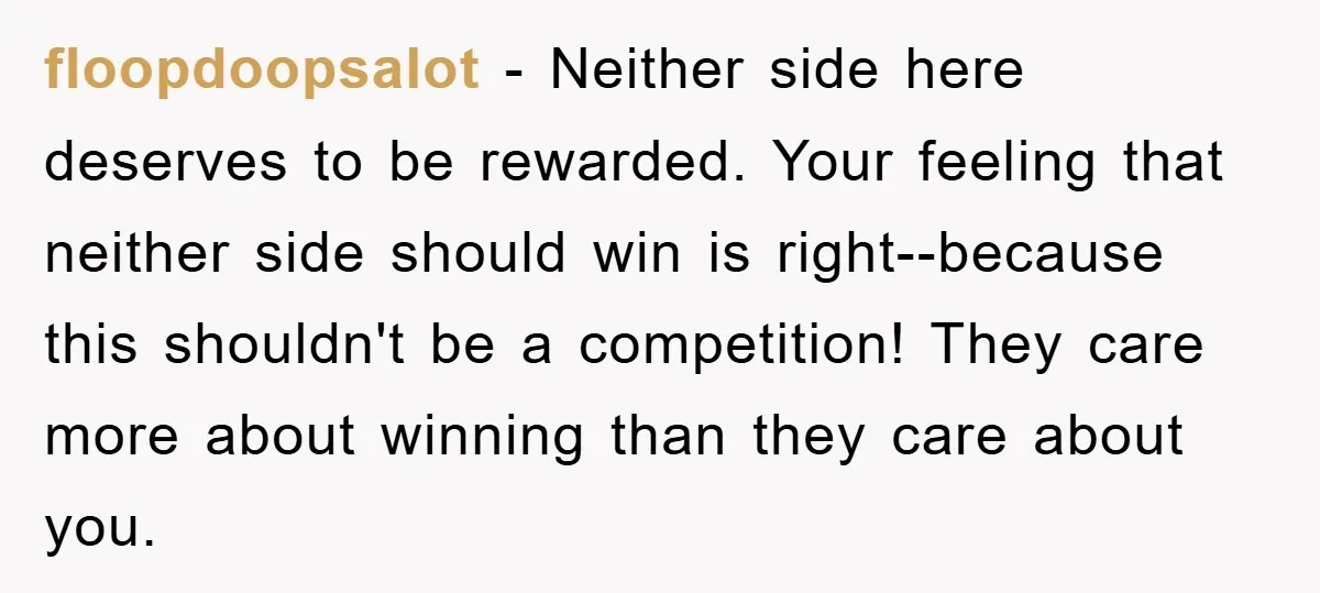 floopdoopsalot − Neither side here deserves to be rewarded. Your feeling that neither side should win is right--because this shouldn't be a competition! They care more about winning than they...