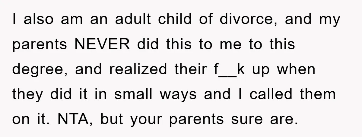 I also am an adult child of divorce, and my parents NEVER did this to me to this degree, and realized their f__k up when they did it in small...