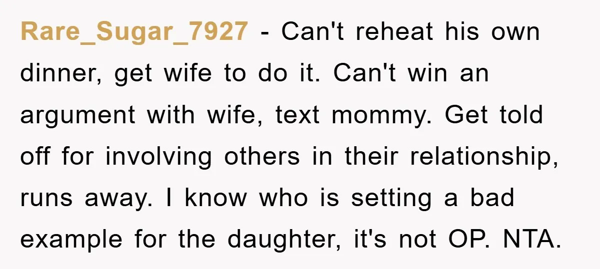 Rare_Sugar_7927 − Can't reheat his own dinner, get wife to do it. Can't win an argument with wife, text mommy. Get told off for involving others in their relationship, runs...