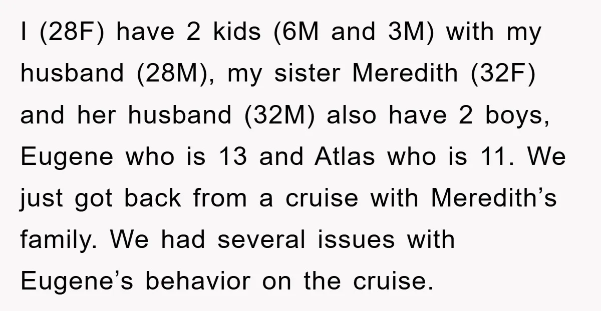 I (28F) have 2 kids (6M and 3M) with my husband (28M), my sister Meredith (32F) and her husband (32M) also have 2 boys, Eugene who is 13 and Atlas...