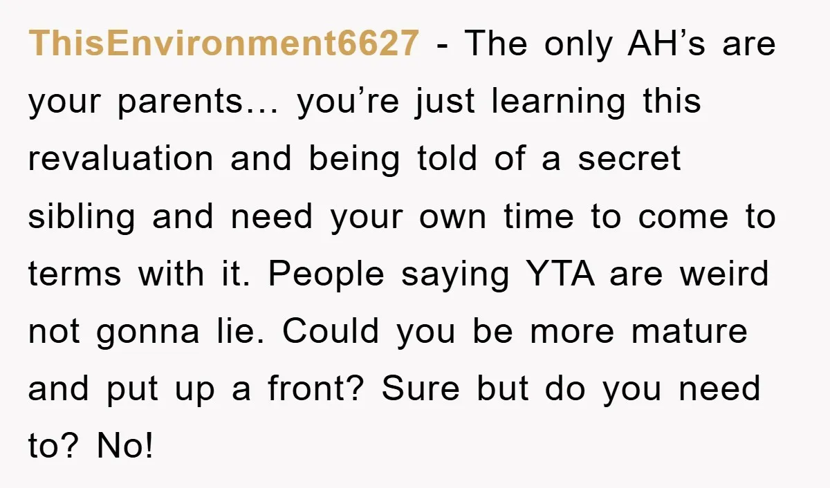ThisEnvironment6627 − The only AH’s are your parents… you’re just learning this revaluation and being told of a secret sibling and need your own time to come to terms with...