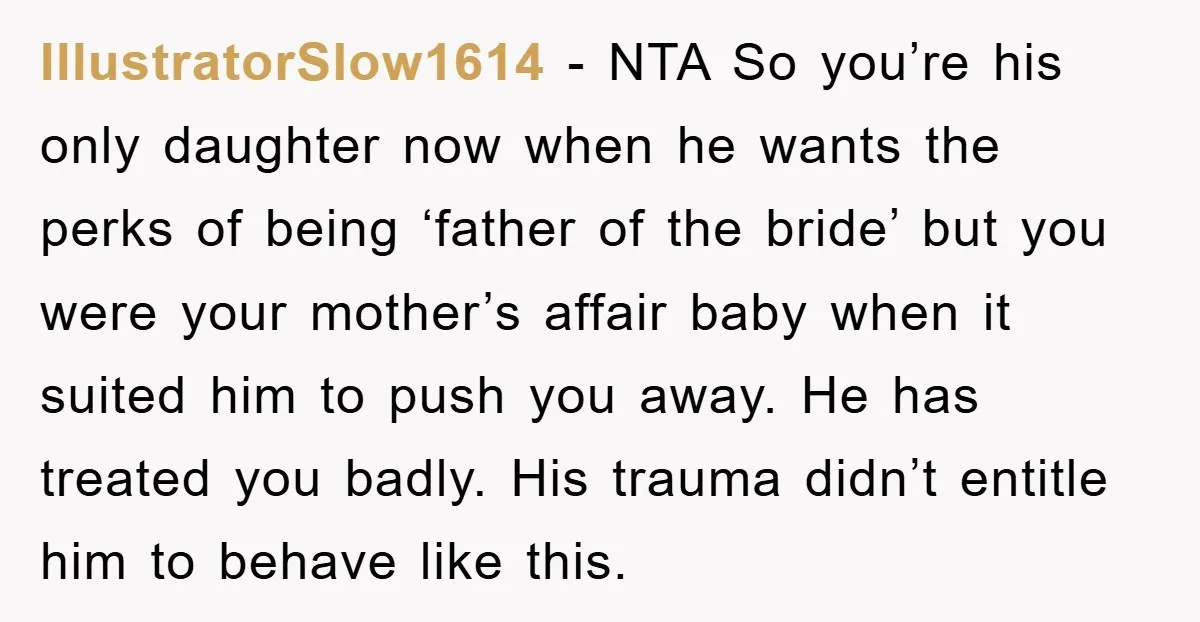 IllustratorSlow1614 - NTA So you’re his only daughter now when he wants the perks of being ‘father of the bride’ but you were your mother’s affair baby when it suited...