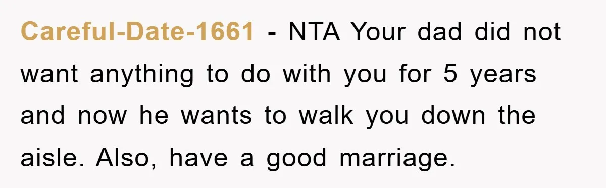 Careful-Date-1661 - NTA Your dad did not want anything to do with you for 5 years and now he wants to walk you down the aisle. Also, have a good...