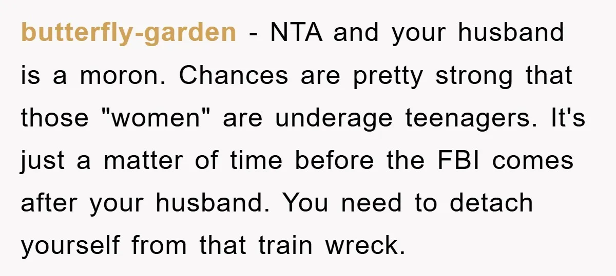 butterfly-garden − NTA and your husband is a moron. Chances are pretty strong that those "women" are underage teenagers. It's just a matter of time before the FBI comes after...
