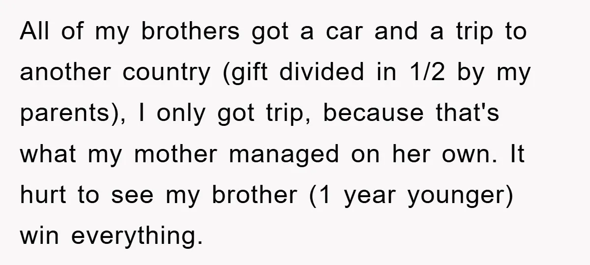 All of my brothers got a car and a trip to another country (gift divided in 1/2 by my parents), I only got trip, because that's what my mother managed...
