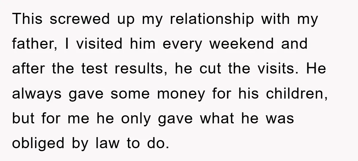 This screwed up my relationship with my father, I visited him every weekend and after the test results, he cut the visits. He always gave some money for his children,...