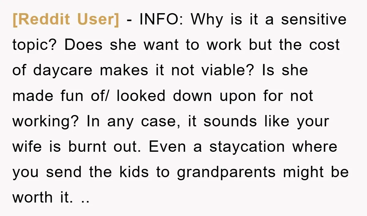 [Reddit User] − INFO: Why is it a sensitive topic? Does she want to work but the cost of daycare makes it not viable? Is she made fun of/ looked...