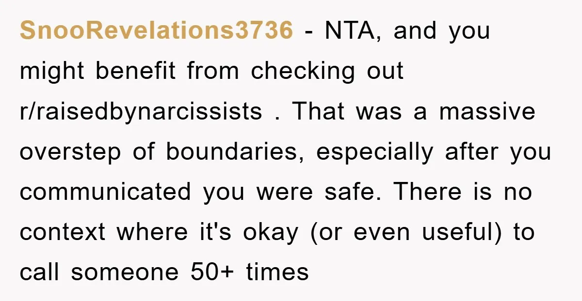 SnooRevelations3736 − NTA, and you might benefit from checking out r/raisedbynarcissists . That was a massive overstep of boundaries, especially after you communicated you were safe. There is no context...