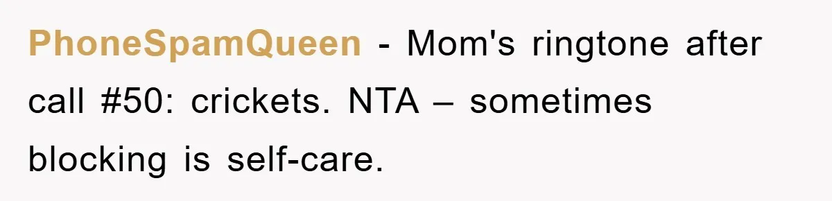 PhoneSpamQueen − Mom's ringtone after call #50: crickets. NTA – sometimes blocking is self-care.