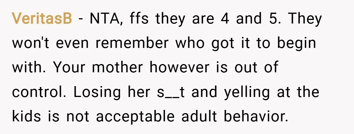 VeritasB − NTA, ffs they are 4 and 5. They won't even remember who got it to begin with. Your mother however is out of control. Losing her s__t and...