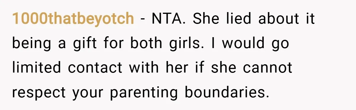 1000thatbeyotch − NTA. She lied about it being a gift for both girls. I would go limited contact with her if she cannot respect your parenting boundaries.