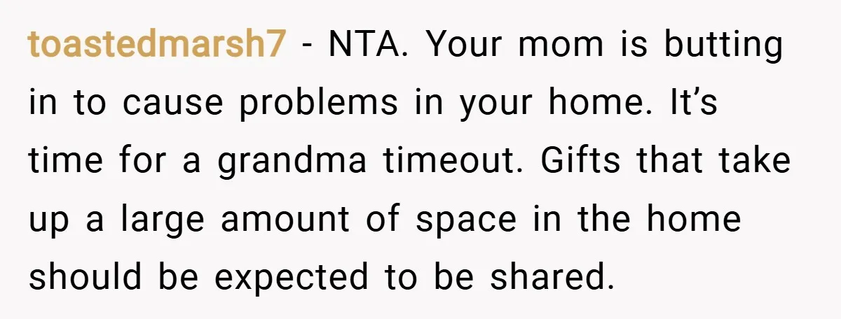 toastedmarsh7 − NTA. Your mom is butting in to cause problems in your home. It’s time for a grandma timeout. Gifts that take up a large amount of space in...