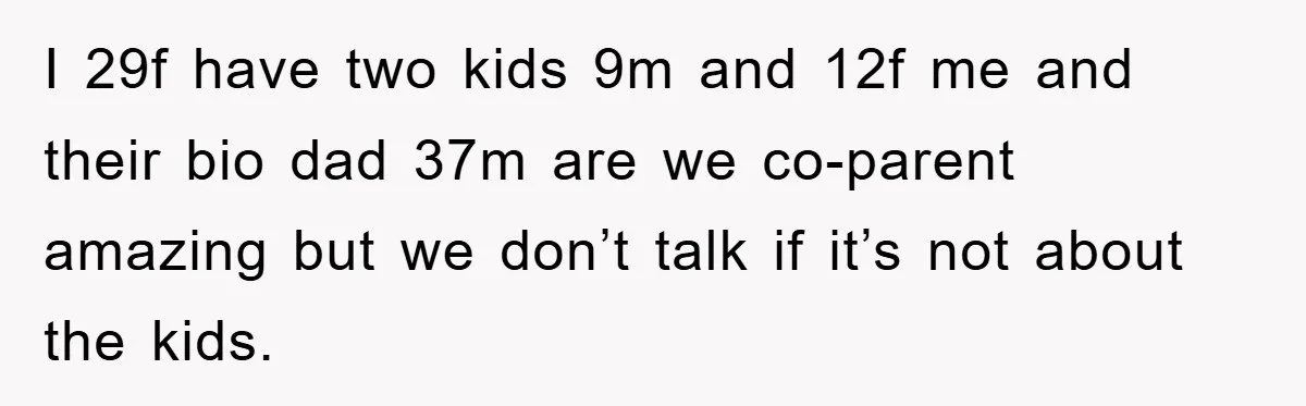 I 29f have two kids 9m and 12f me and their bio dad 37m are we co-parent amazing but we don’t talk if it’s not about the kids.