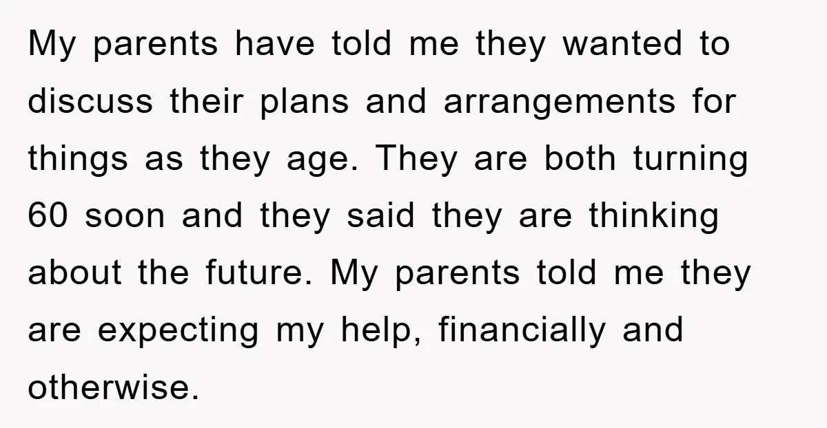My parents have told me they wanted to discuss their plans and arrangements for things as they age. They are both turning 60 soon and they said they are thinking...