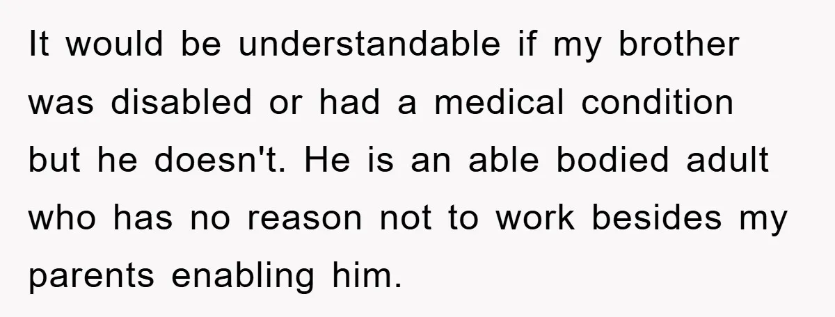 It would be understandable if my brother was disabled or had a medical condition but he doesn't. He is an able bodied adult who has no reason not to work...