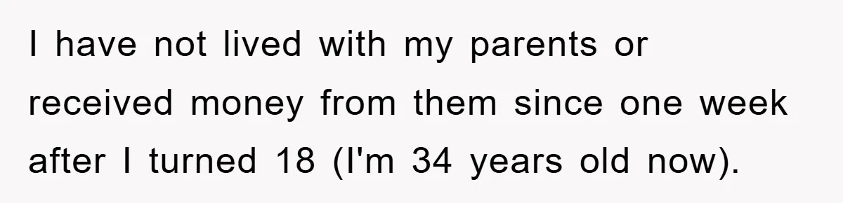 I have not lived with my parents or received money from them since one week after I turned 18 (I'm 34 years old now).