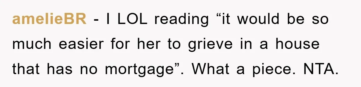 amelieBR − I LOL reading “it would be so much easier for her to grieve in a house that has no mortgage”. What a piece. NTA.
