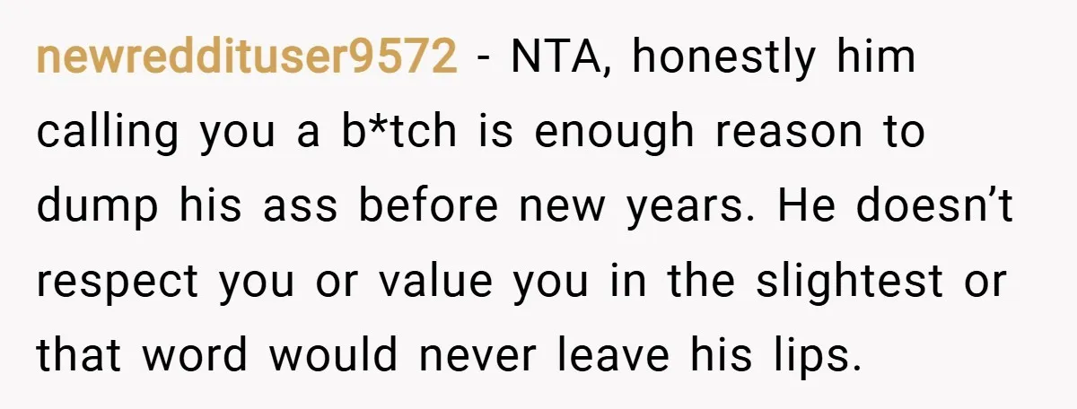 newreddituser9572 − NTA, honestly him calling you a b*tch is enough reason to dump his ass before new years. He doesn’t respect you or value you in the slightest or...
