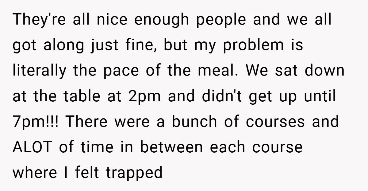 They're all nice enough people and we all got along just fine, but my problem is literally the pace of the meal. We sat down at the table at 2pm...