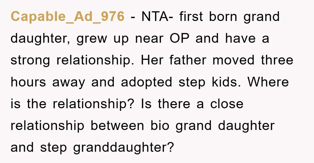 Capable_Ad_976 - NTA- first born grand daughter, grew up near OP and have a strong relationship. Her father moved three hours away and adopted step kids. Where is the relationship?...