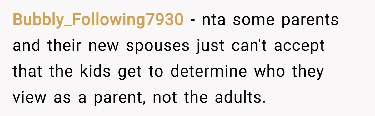 Bubbly_Following7930 − nta some parents and their new spouses just can't accept that the kids get to determine who they view as a parent, not the adults.