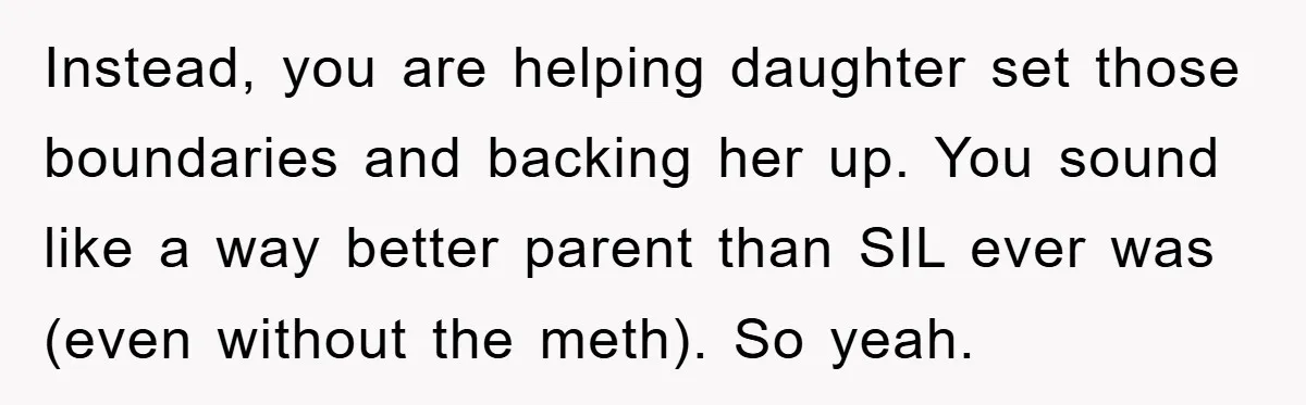 Instead, you are helping daughter set those boundaries and backing her up. You sound like a way better parent than SIL ever was (even without the meth). So yeah.