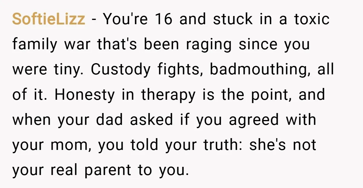 SoftieLizz − You're 16 and stuck in a toxic family war that's been raging since you were tiny. Custody fights, badmouthing, all of it. Honesty in therapy is the point,...