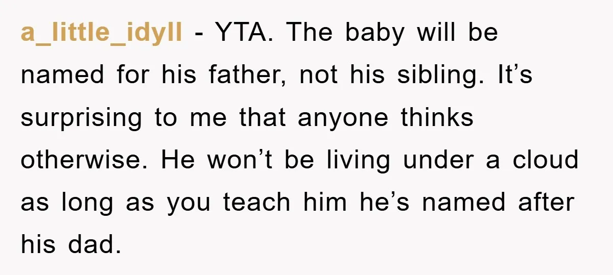 a_little_idyll − YTA. The baby will be named for his father, not his sibling. It’s surprising to me that anyone thinks otherwise. He won’t be living under a cloud as...