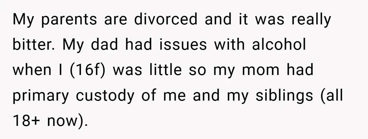 My parents are divorced and it was really bitter. My dad had issues with alcohol when I (16f) was little so my mom had primary custody of me and my...