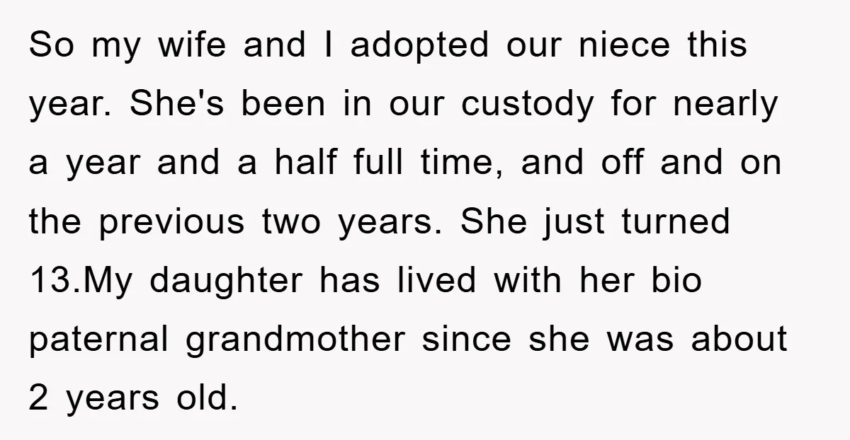 So my wife and I adopted our niece this year. She's been in our custody for nearly a year and a half full time, and off and on the previous...