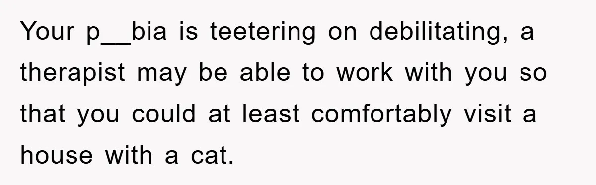 Your p__bia is teetering on debilitating, a therapist may be able to work with you so that you could at least comfortably visit a house with a cat.