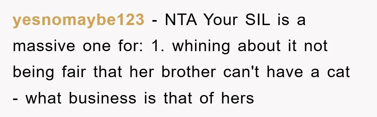 yesnomaybe123 − NTA Your SIL is a massive one for: 1. whining about it not being fair that her brother can't have a cat - what business is that of...