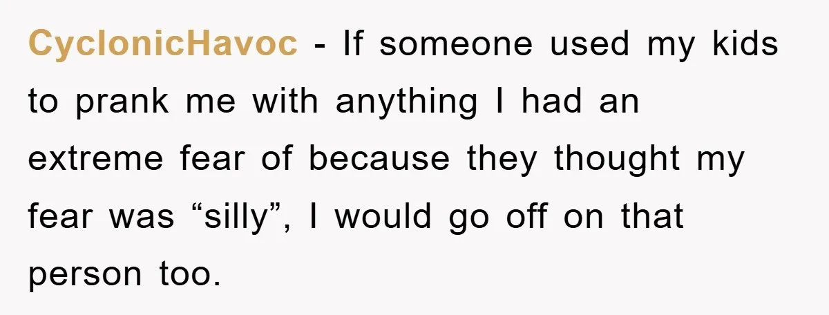 CyclonicHavoc − If someone used my kids to prank me with anything I had an extreme fear of because they thought my fear was “silly”, I would go off on...