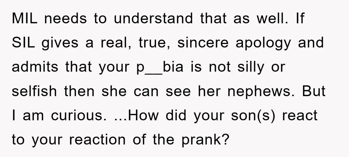 MIL needs to understand that as well. If SIL gives a real, true, sincere apology and admits that your p__bia is not silly or selfish then she can see her...