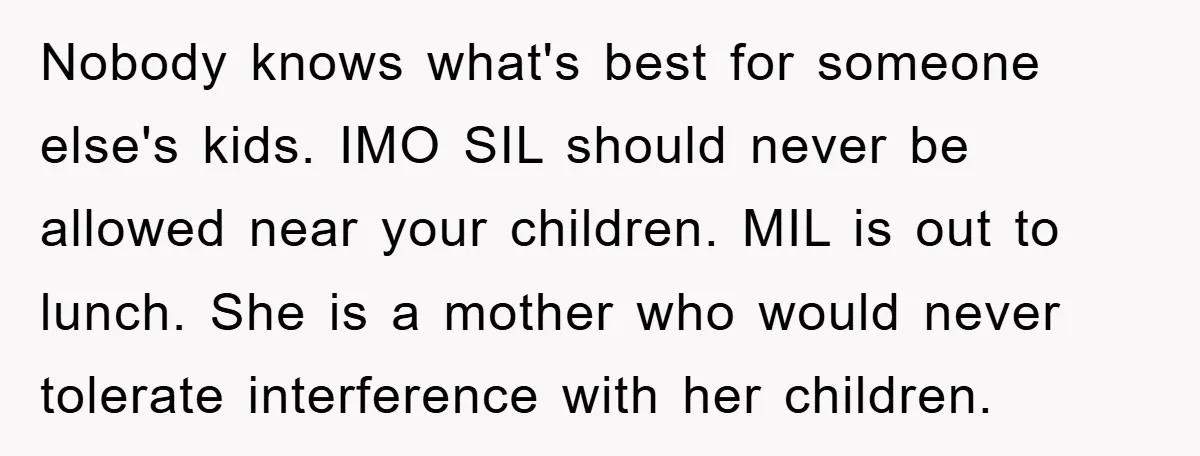 Nobody knows what's best for someone else's kids. IMO SIL should never be allowed near your children. MIL is out to lunch. She is a mother who would never tolerate...