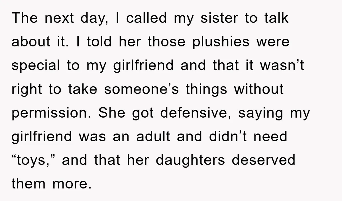 The next day, I called my sister to talk about it. I told her those plushies were special to my girlfriend and that it wasn’t right to take someone’s things...