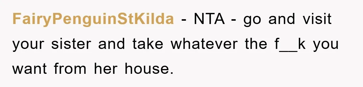FairyPenguinStKilda − NTA - go and visit your sister and take whatever the f__k you want from her house.