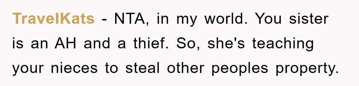 TravelKats − NTA, in my world. You sister is an AH and a thief. So, she's teaching your nieces to steal other peoples property.