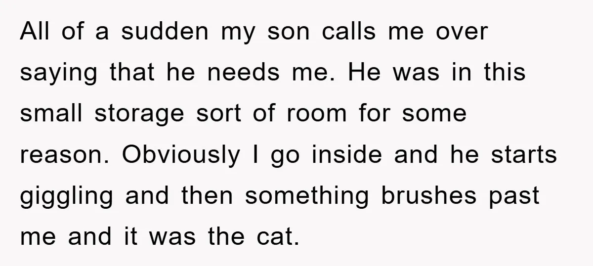All of a sudden my son calls me over saying that he needs me. He was in this small storage sort of room for some reason. Obviously I go inside...