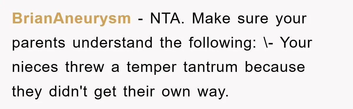 BrianAneurysm − NTA. Make sure your parents understand the following: \- Your nieces threw a temper tantrum because they didn't get their own way.