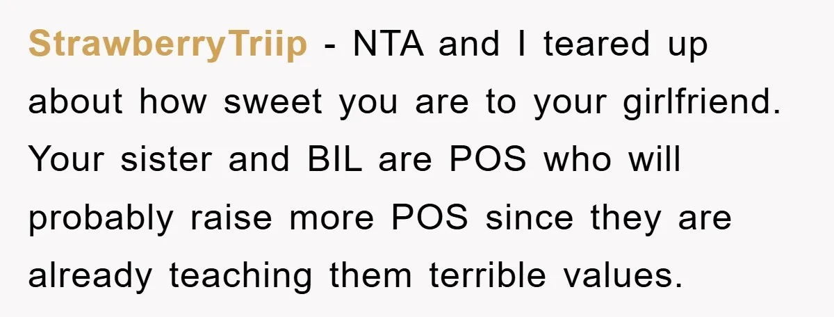 StrawberryTriip − NTA and I teared up about how sweet you are to your girlfriend. Your sister and BIL are POS who will probably raise more POS since they are...