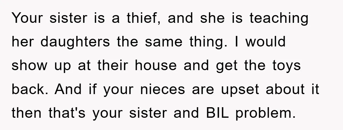 Your sister is a thief, and she is teaching her daughters the same thing. I would show up at their house and get the toys back. And if your nieces...
