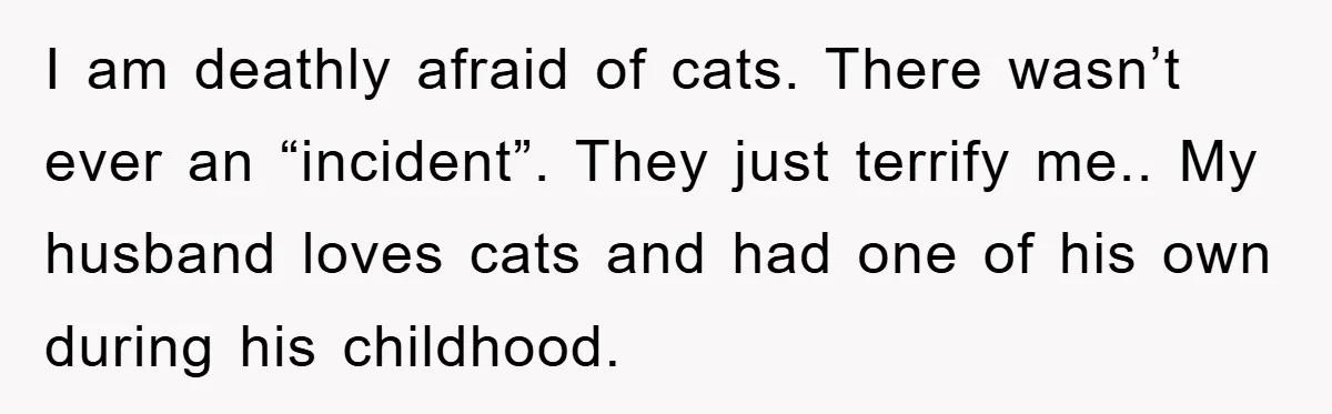 I am deathly afraid of cats. There wasn’t ever an “incident”. They just terrify me.. My husband loves cats and had one of his own during his childhood.