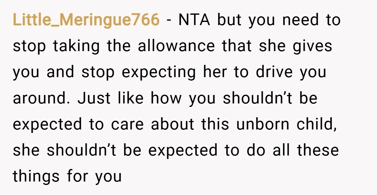 Little_Meringue766 − NTA but you need to stop taking the allowance that she gives you and stop expecting her to drive you around. Just like how you shouldn’t be expected...