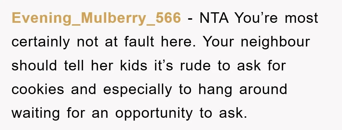 Evening_Mulberry_566 − NTA You’re most certainly not at fault here. Your neighbour should tell her kids it’s rude to ask for cookies and especially to hang around waiting for an...